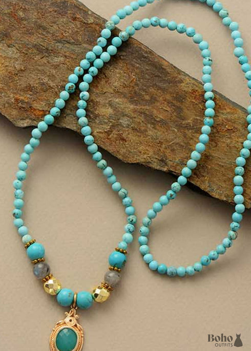 Boho Necklace, Mala Stone Beads Turquoise Gold